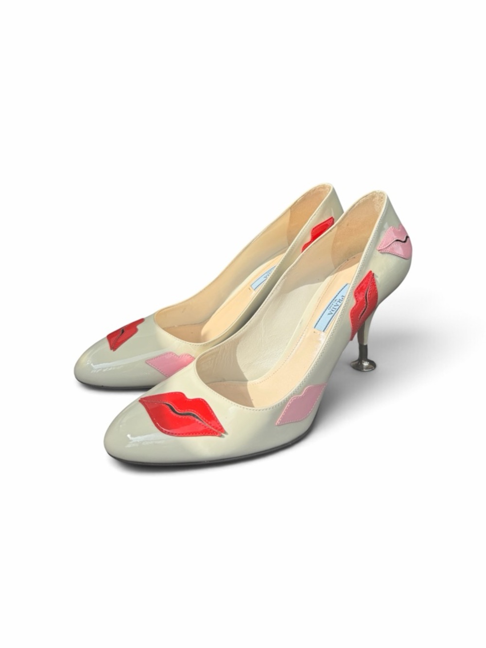 Prada Cream Patent Leather Pumps with Red and Pink Lip Appliqués